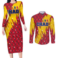 Chad Christmas Couples Matching Long Sleeve Bodycon Dress and Long Sleeve Button Shirt with Red-Yellow Festive Pattern, National Coat of Arms, and Snowflake Accents - Wonder Print Shop