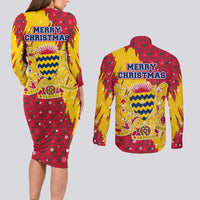 Chad Christmas Couples Matching Long Sleeve Bodycon Dress and Long Sleeve Button Shirt with Red-Yellow Festive Pattern, National Coat of Arms, and Snowflake Accents - Wonder Print Shop