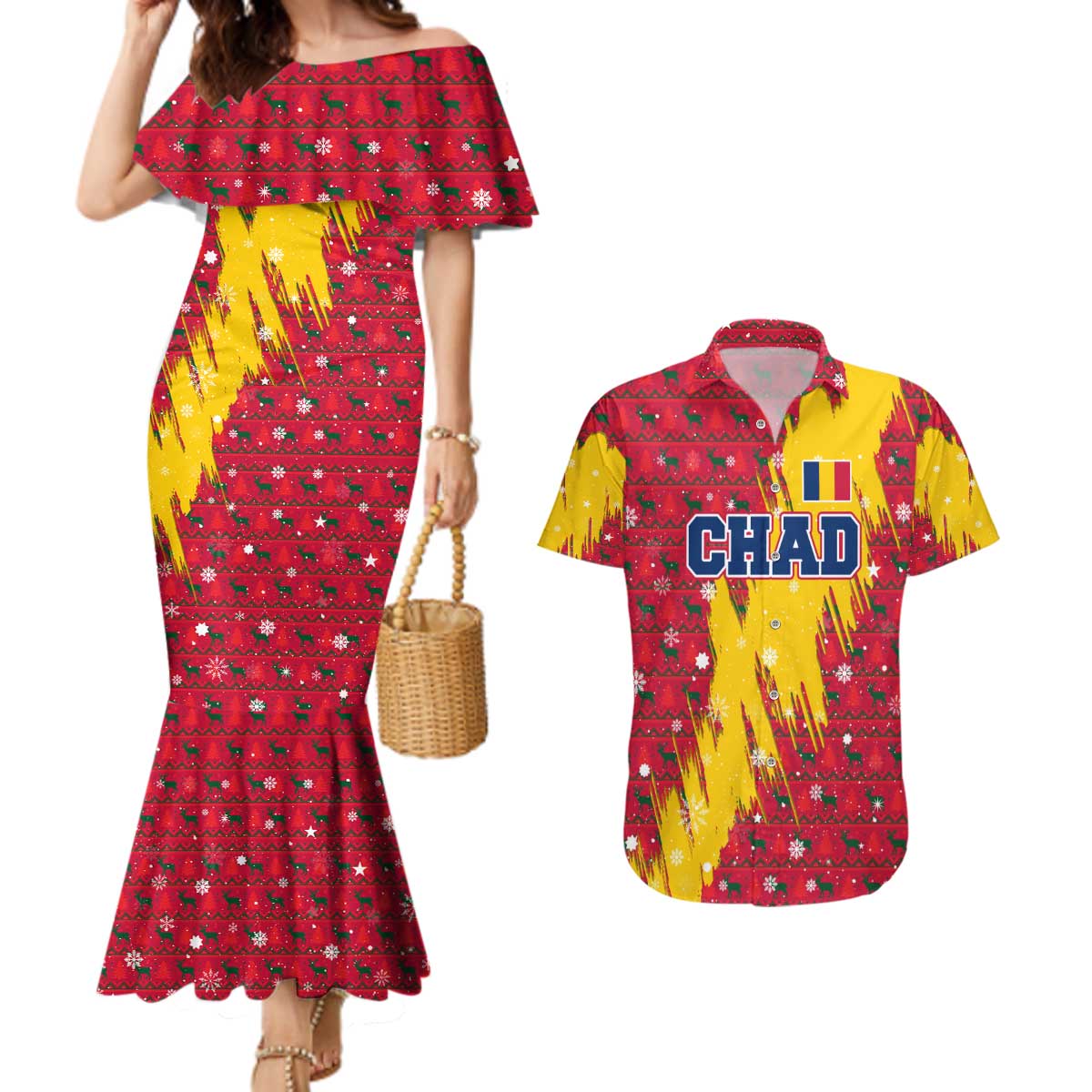 Chad Christmas Couples Matching Mermaid Dress and Hawaiian Shirt with Red-Yellow Festive Pattern, National Coat of Arms, and Snowflake Accents - Wonder Print Shop