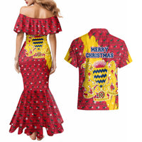 Chad Christmas Couples Matching Mermaid Dress and Hawaiian Shirt with Red-Yellow Festive Pattern, National Coat of Arms, and Snowflake Accents - Wonder Print Shop