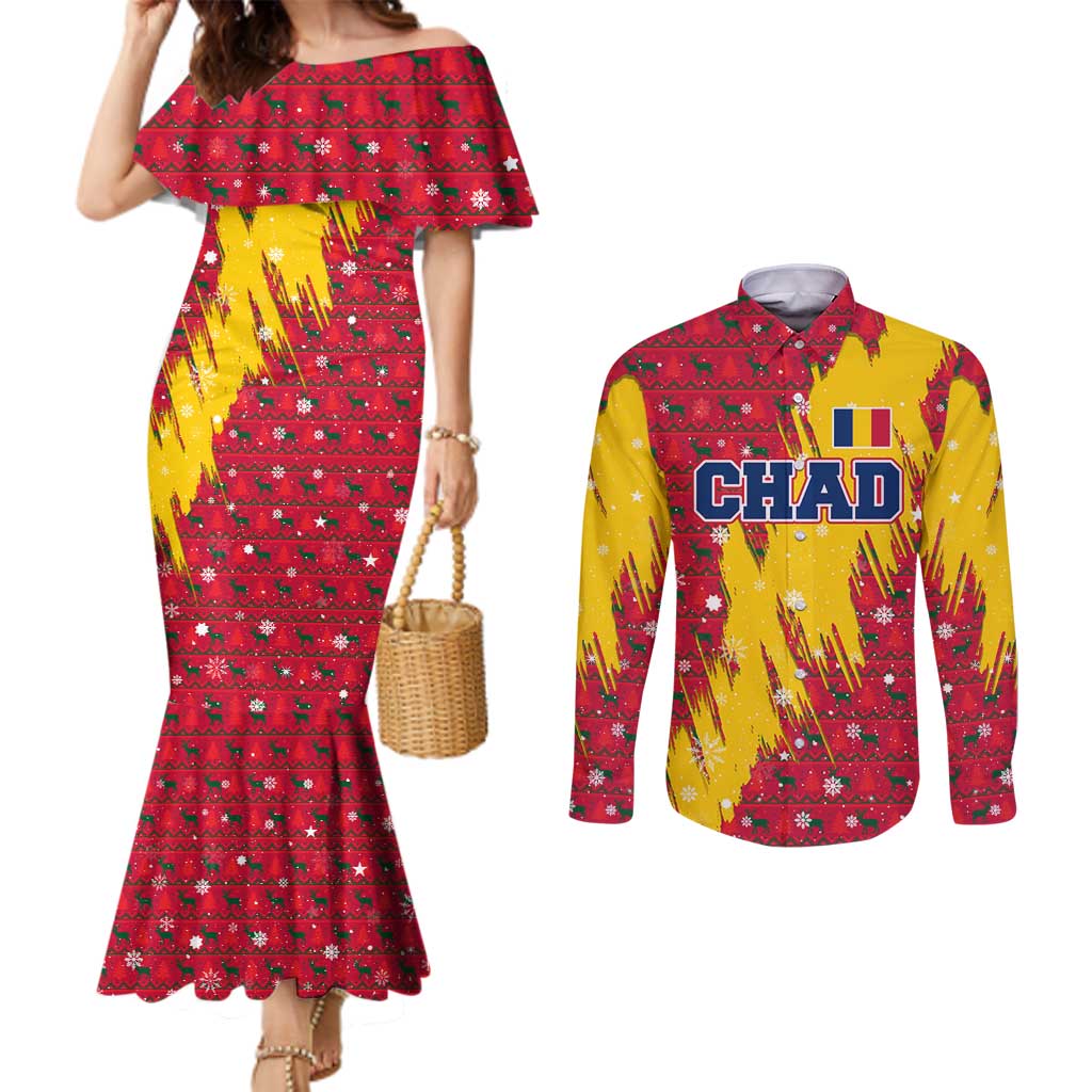 Chad Christmas Couples Matching Mermaid Dress and Long Sleeve Button Shirt with Red-Yellow Festive Pattern, National Coat of Arms, and Snowflake Accents - Wonder Print Shop
