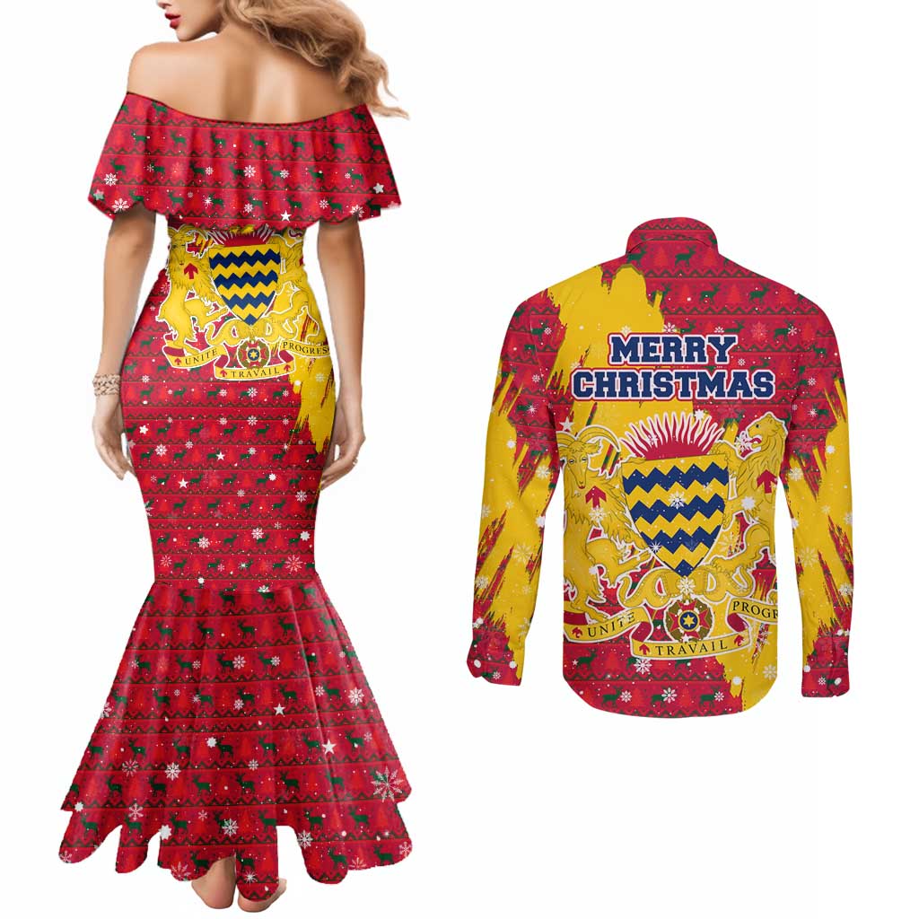 Chad Christmas Couples Matching Mermaid Dress and Long Sleeve Button Shirt with Red-Yellow Festive Pattern, National Coat of Arms, and Snowflake Accents - Wonder Print Shop