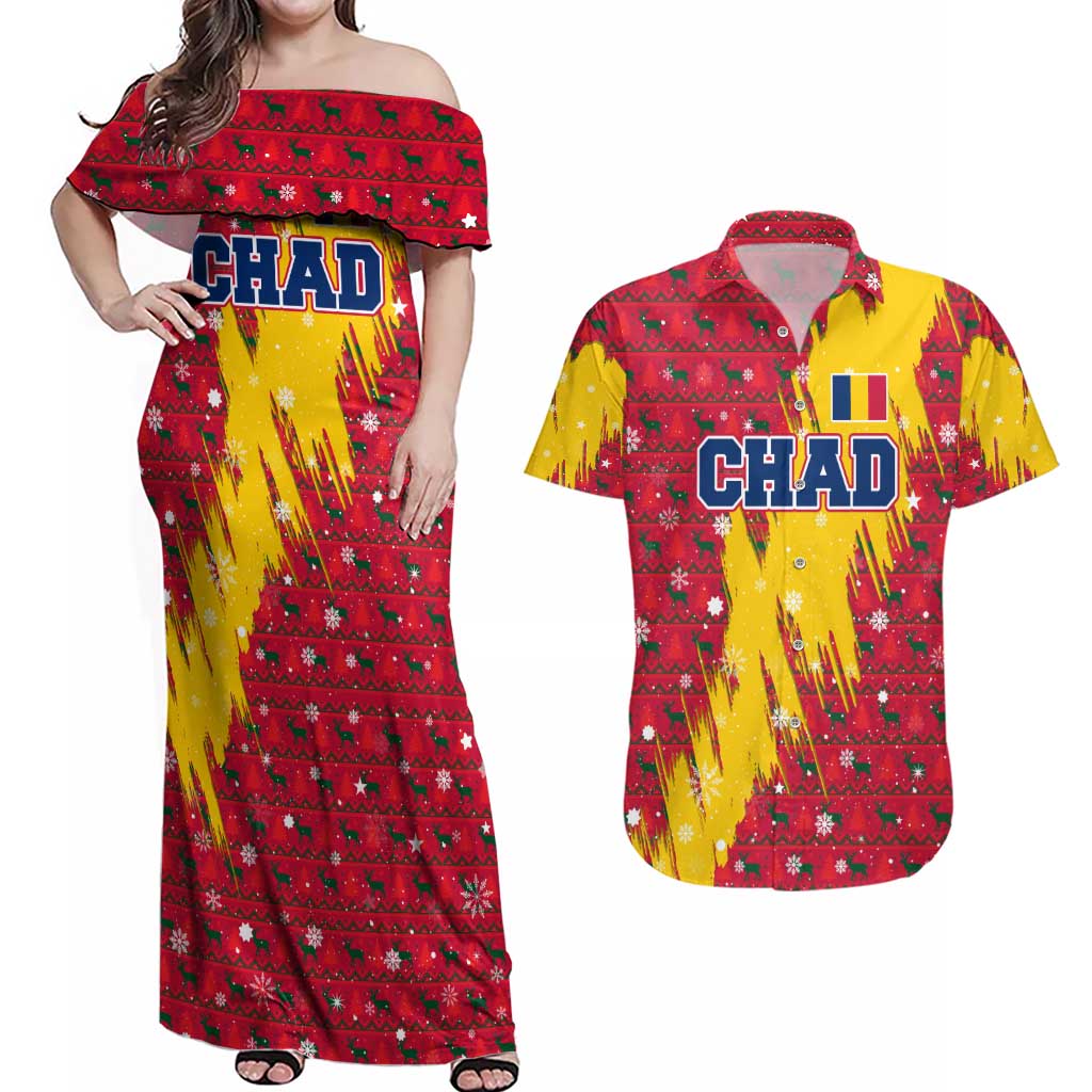 Chad Christmas Couples Matching Off Shoulder Maxi Dress and Hawaiian Shirt with Red-Yellow Festive Pattern, National Coat of Arms, and Snowflake Accents - Wonder Print Shop