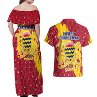 Chad Christmas Couples Matching Off Shoulder Maxi Dress and Hawaiian Shirt with Red-Yellow Festive Pattern, National Coat of Arms, and Snowflake Accents - Wonder Print Shop