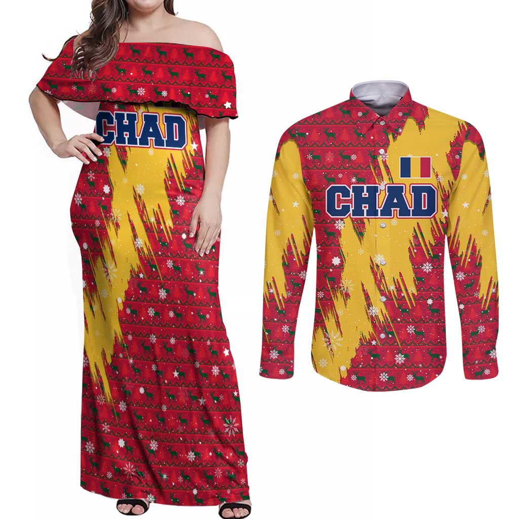 Chad Christmas Couples Matching Off Shoulder Maxi Dress and Long Sleeve Button Shirt with Red-Yellow Festive Pattern, National Coat of Arms, and Snowflake Accents - Wonder Print Shop