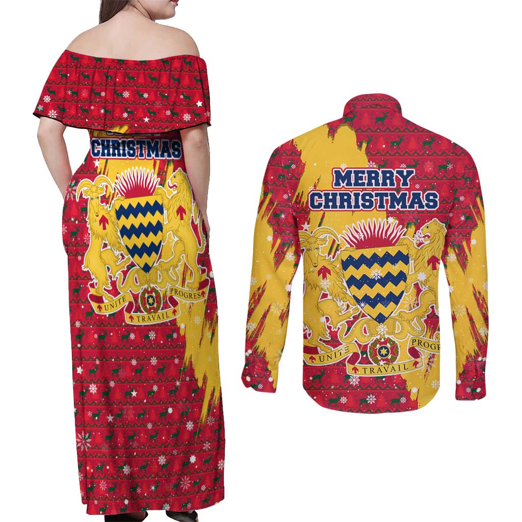 Chad Christmas Couples Matching Off Shoulder Maxi Dress and Long Sleeve Button Shirt with Red-Yellow Festive Pattern, National Coat of Arms, and Snowflake Accents - Wonder Print Shop