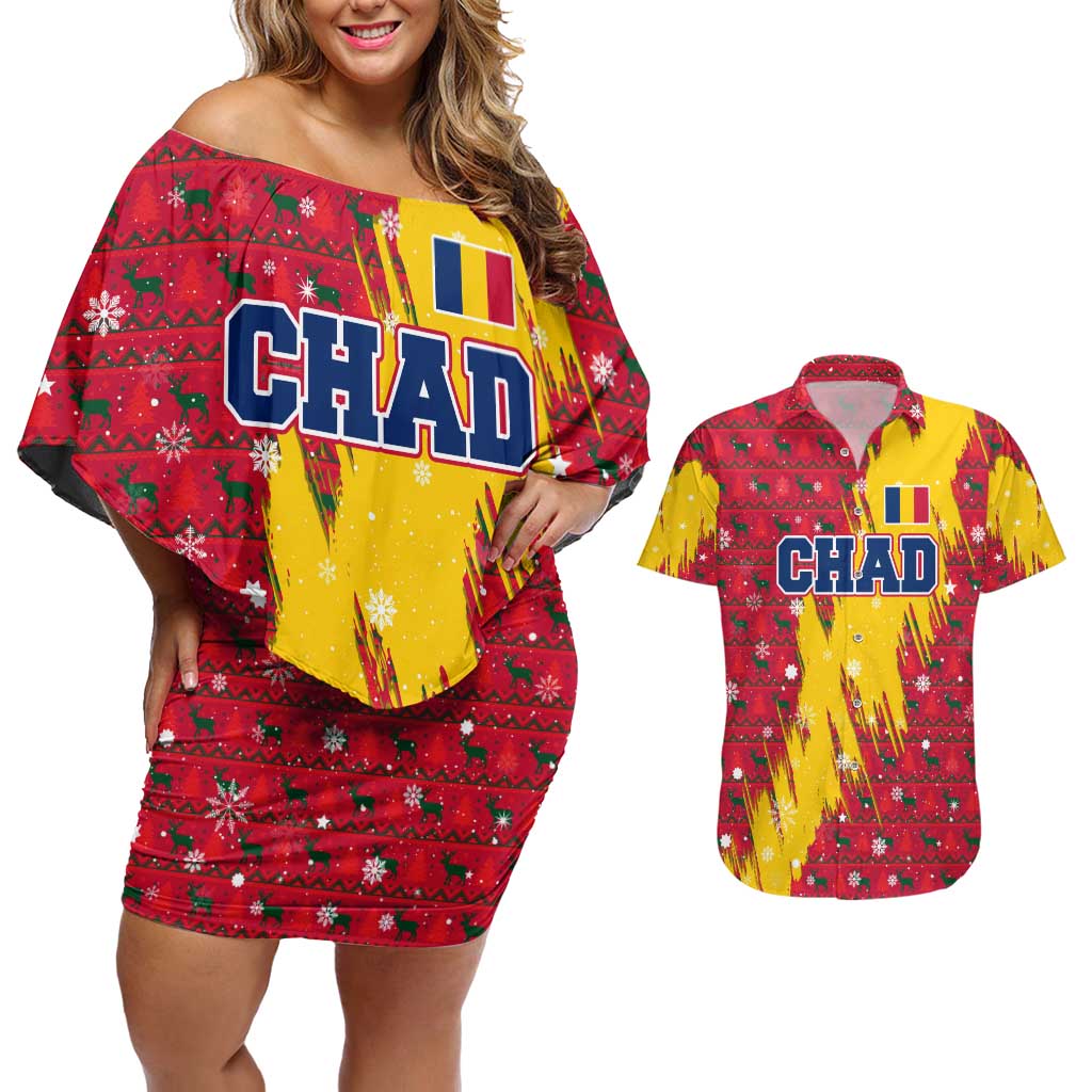 Chad Christmas Couples Matching Off Shoulder Short Dress and Hawaiian Shirt with Red-Yellow Festive Pattern, National Coat of Arms, and Snowflake Accents - Wonder Print Shop