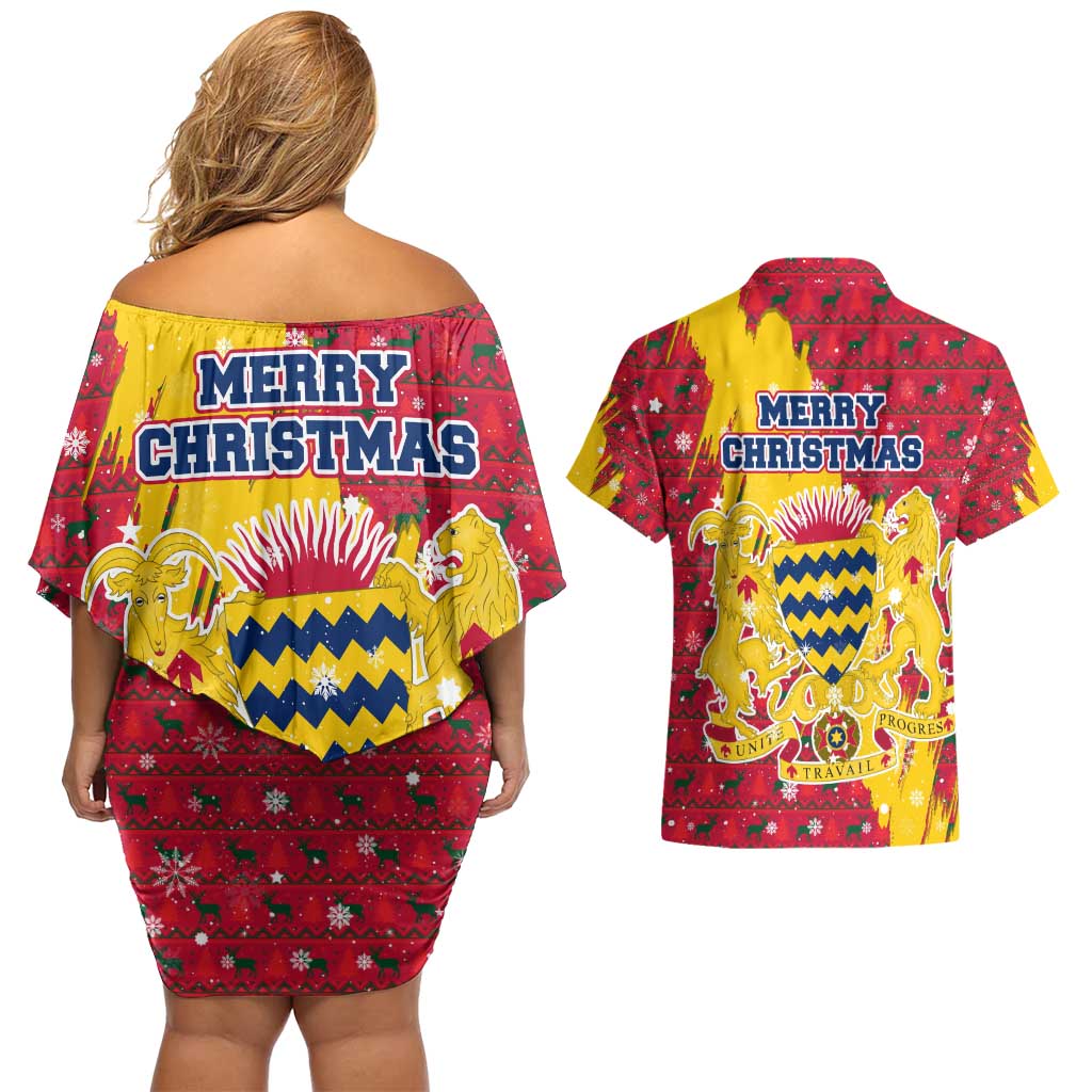 Chad Christmas Couples Matching Off Shoulder Short Dress and Hawaiian Shirt with Red-Yellow Festive Pattern, National Coat of Arms, and Snowflake Accents - Wonder Print Shop