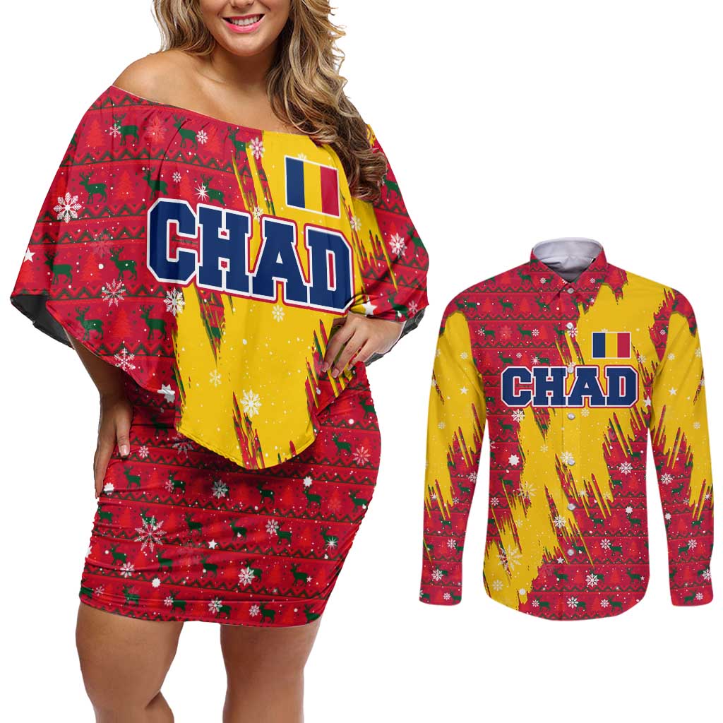 Chad Christmas Couples Matching Off Shoulder Short Dress and Long Sleeve Button Shirt with Red-Yellow Festive Pattern, National Coat of Arms, and Snowflake Accents - Wonder Print Shop