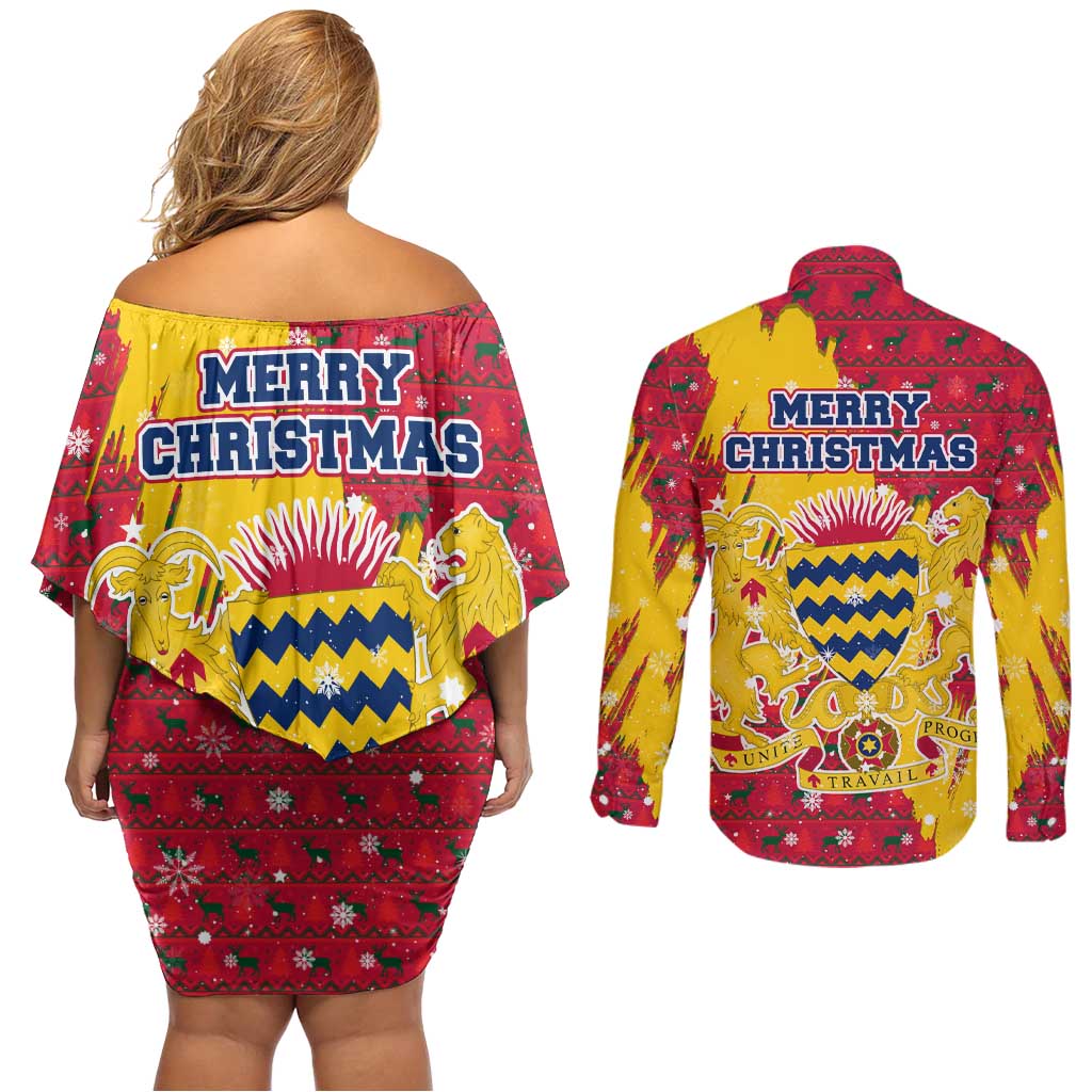 Chad Christmas Couples Matching Off Shoulder Short Dress and Long Sleeve Button Shirt with Red-Yellow Festive Pattern, National Coat of Arms, and Snowflake Accents - Wonder Print Shop