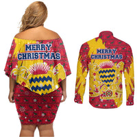 Chad Christmas Couples Matching Off Shoulder Short Dress and Long Sleeve Button Shirt with Red-Yellow Festive Pattern, National Coat of Arms, and Snowflake Accents - Wonder Print Shop