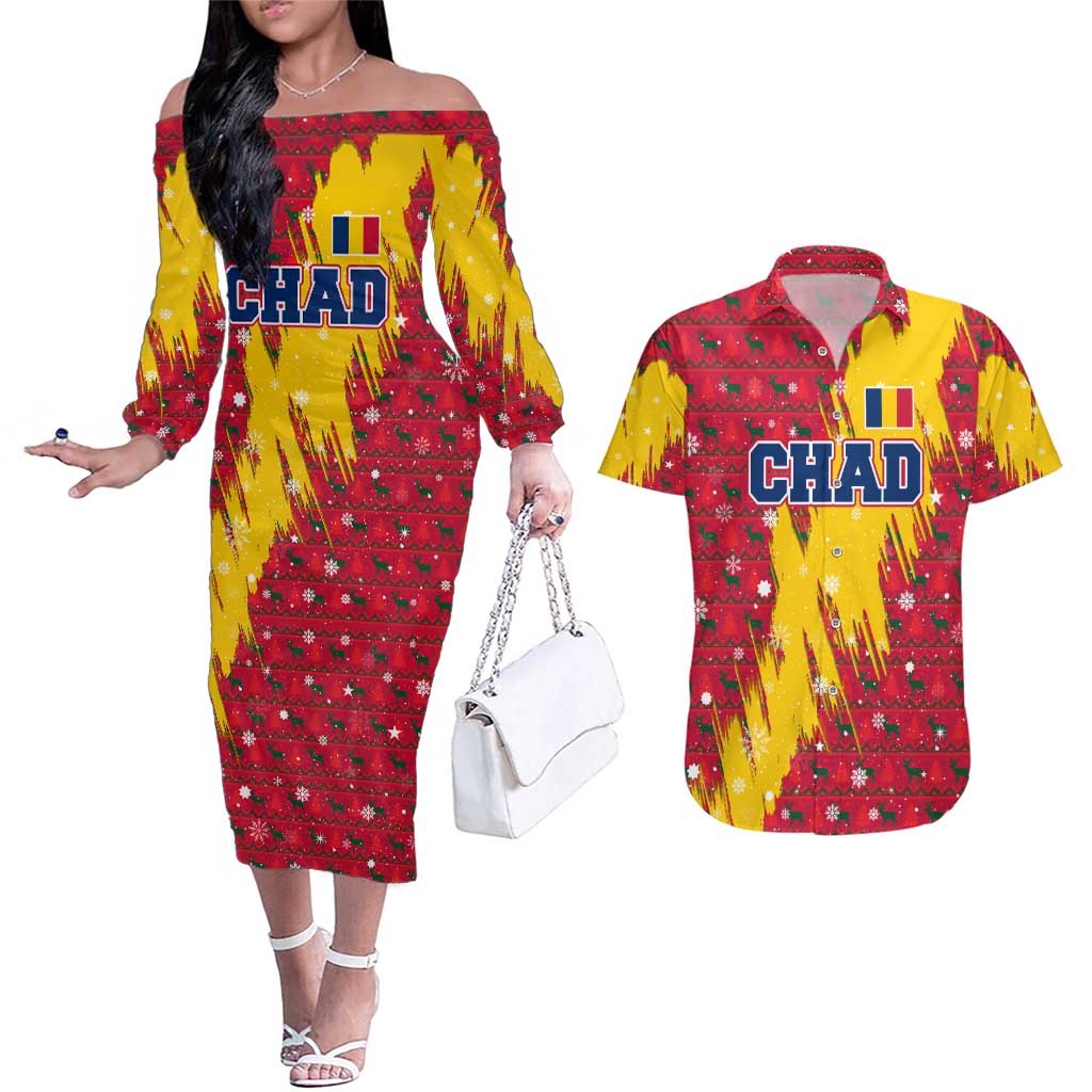 Chad Christmas Couples Matching Off The Shoulder Long Sleeve Dress and Hawaiian Shirt with Red-Yellow Festive Pattern, National Coat of Arms, and Snowflake Accents - Wonder Print Shop