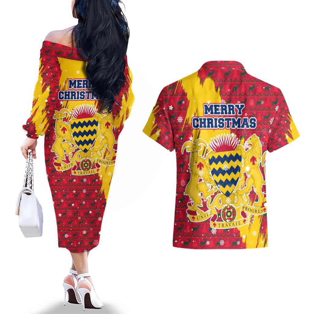 Chad Christmas Couples Matching Off The Shoulder Long Sleeve Dress and Hawaiian Shirt with Red-Yellow Festive Pattern, National Coat of Arms, and Snowflake Accents - Wonder Print Shop