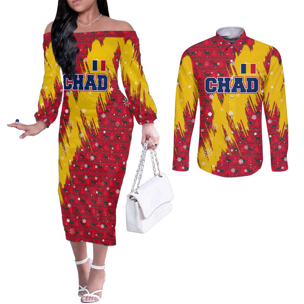 Chad Christmas Couples Matching Off The Shoulder Long Sleeve Dress and Long Sleeve Button Shirt with Red-Yellow Festive Pattern, National Coat of Arms, and Snowflake Accents - Wonder Print Shop