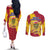 Chad Christmas Couples Matching Off The Shoulder Long Sleeve Dress and Long Sleeve Button Shirt with Red-Yellow Festive Pattern, National Coat of Arms, and Snowflake Accents - Wonder Print Shop