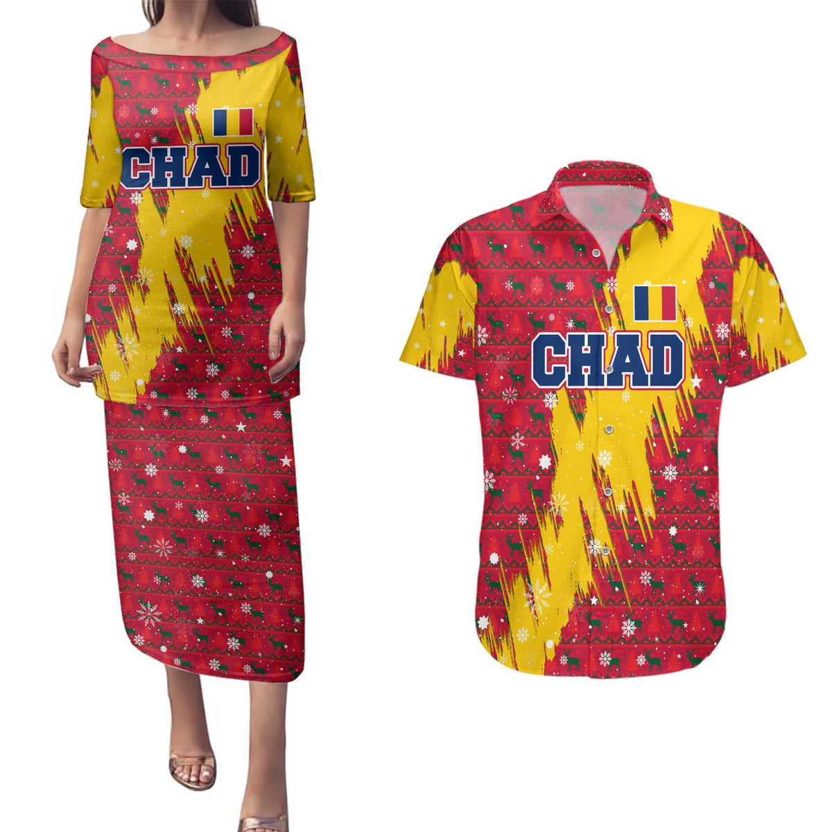 Chad Christmas Couples Matching Puletasi and Hawaiian Shirt with Red-Yellow Festive Pattern, National Coat of Arms, and Snowflake Accents - Wonder Print Shop
