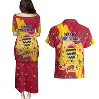 Chad Christmas Couples Matching Puletasi and Hawaiian Shirt with Red-Yellow Festive Pattern, National Coat of Arms, and Snowflake Accents - Wonder Print Shop