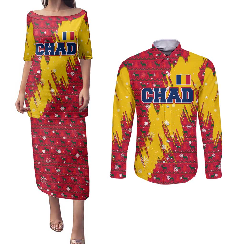 Chad Christmas Couples Matching Puletasi and Long Sleeve Button Shirt with Red-Yellow Festive Pattern, National Coat of Arms, and Snowflake Accents - Wonder Print Shop