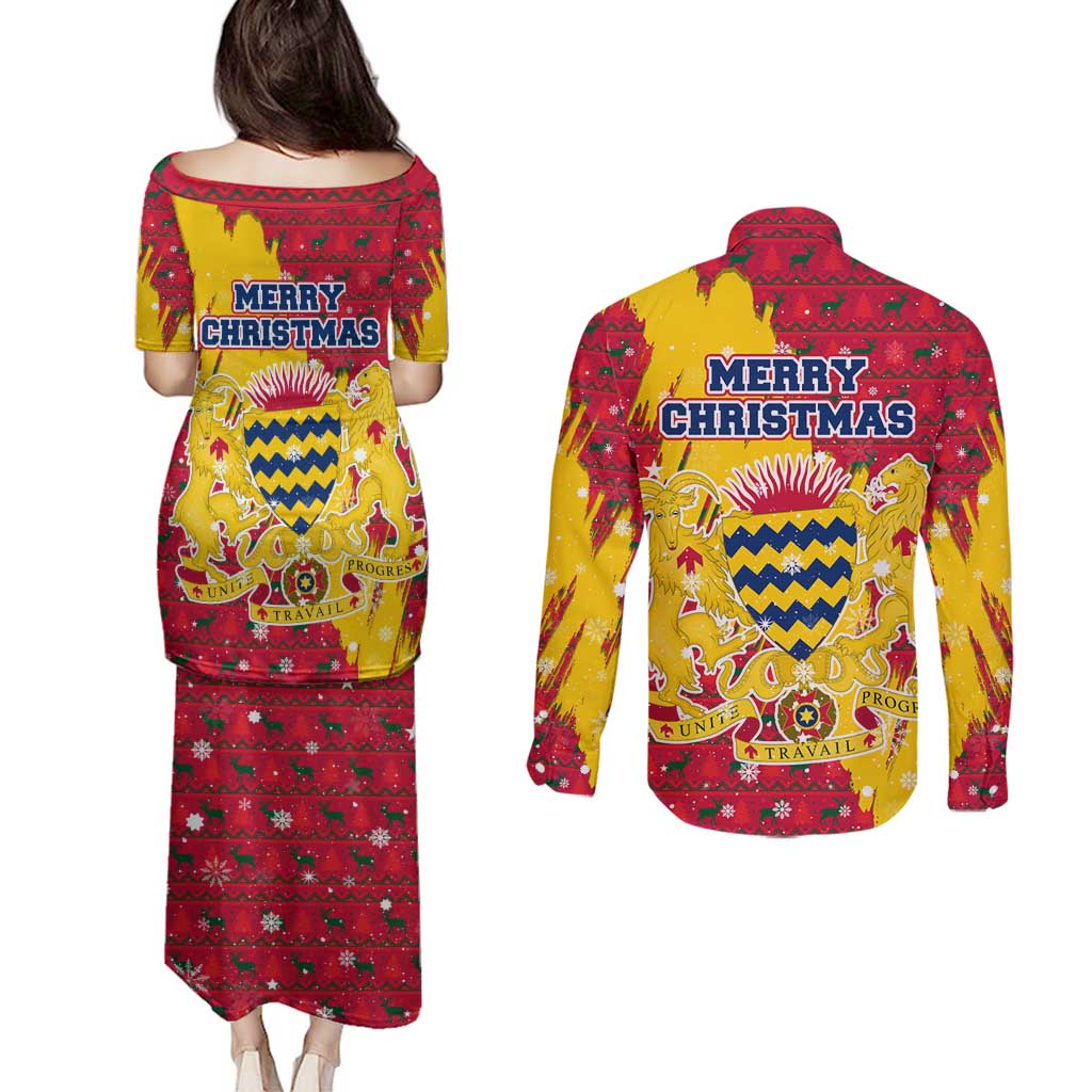 Chad Christmas Couples Matching Puletasi and Long Sleeve Button Shirt with Red-Yellow Festive Pattern, National Coat of Arms, and Snowflake Accents - Wonder Print Shop