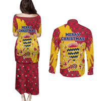 Chad Christmas Couples Matching Puletasi and Long Sleeve Button Shirt with Red-Yellow Festive Pattern, National Coat of Arms, and Snowflake Accents - Wonder Print Shop