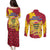 Chad Christmas Couples Matching Puletasi and Long Sleeve Button Shirt with Red-Yellow Festive Pattern, National Coat of Arms, and Snowflake Accents - Wonder Print Shop