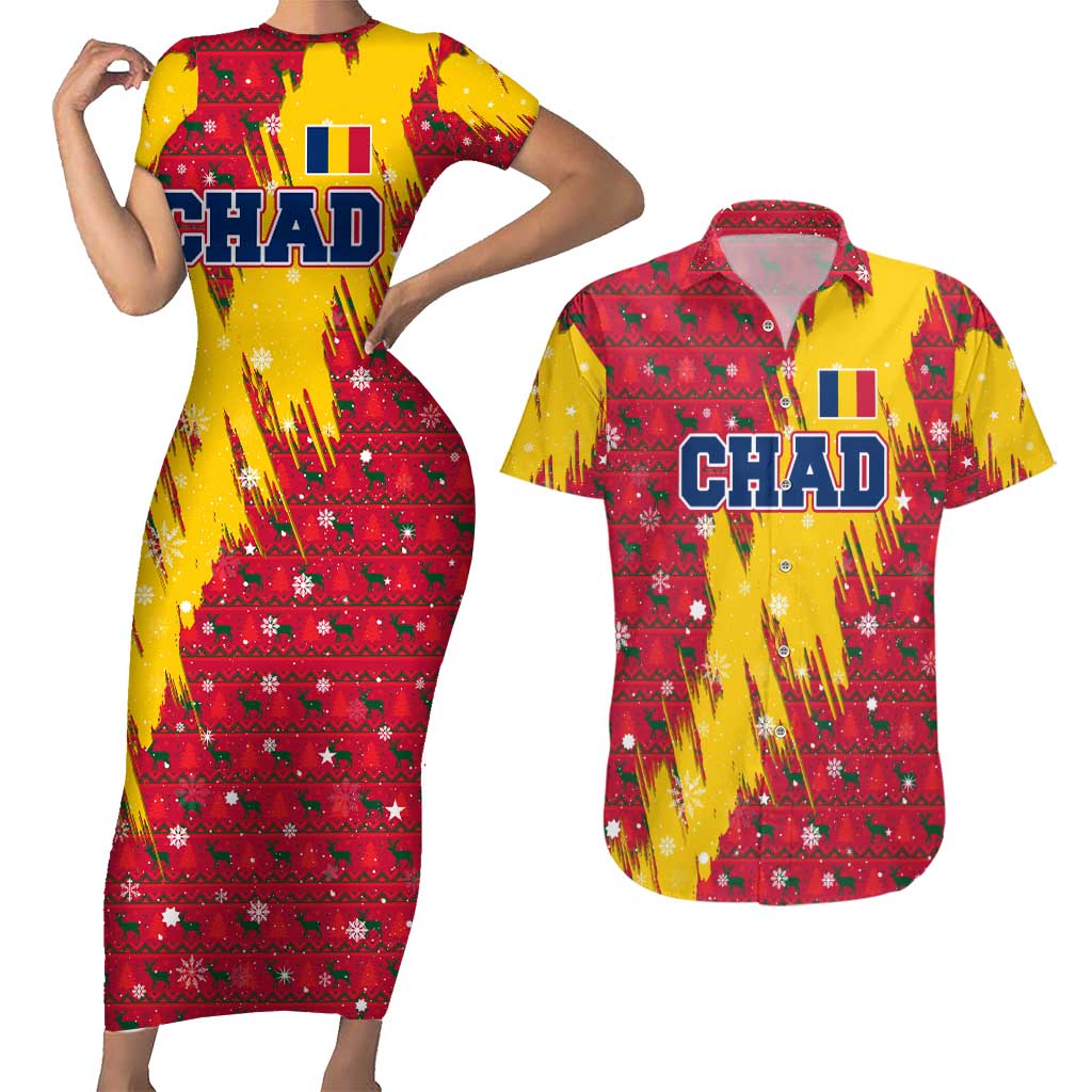 Chad Christmas Couples Matching Short Sleeve Bodycon Dress and Hawaiian Shirt with Red-Yellow Festive Pattern, National Coat of Arms, and Snowflake Accents - Wonder Print Shop
