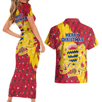 Chad Christmas Couples Matching Short Sleeve Bodycon Dress and Hawaiian Shirt with Red-Yellow Festive Pattern, National Coat of Arms, and Snowflake Accents - Wonder Print Shop