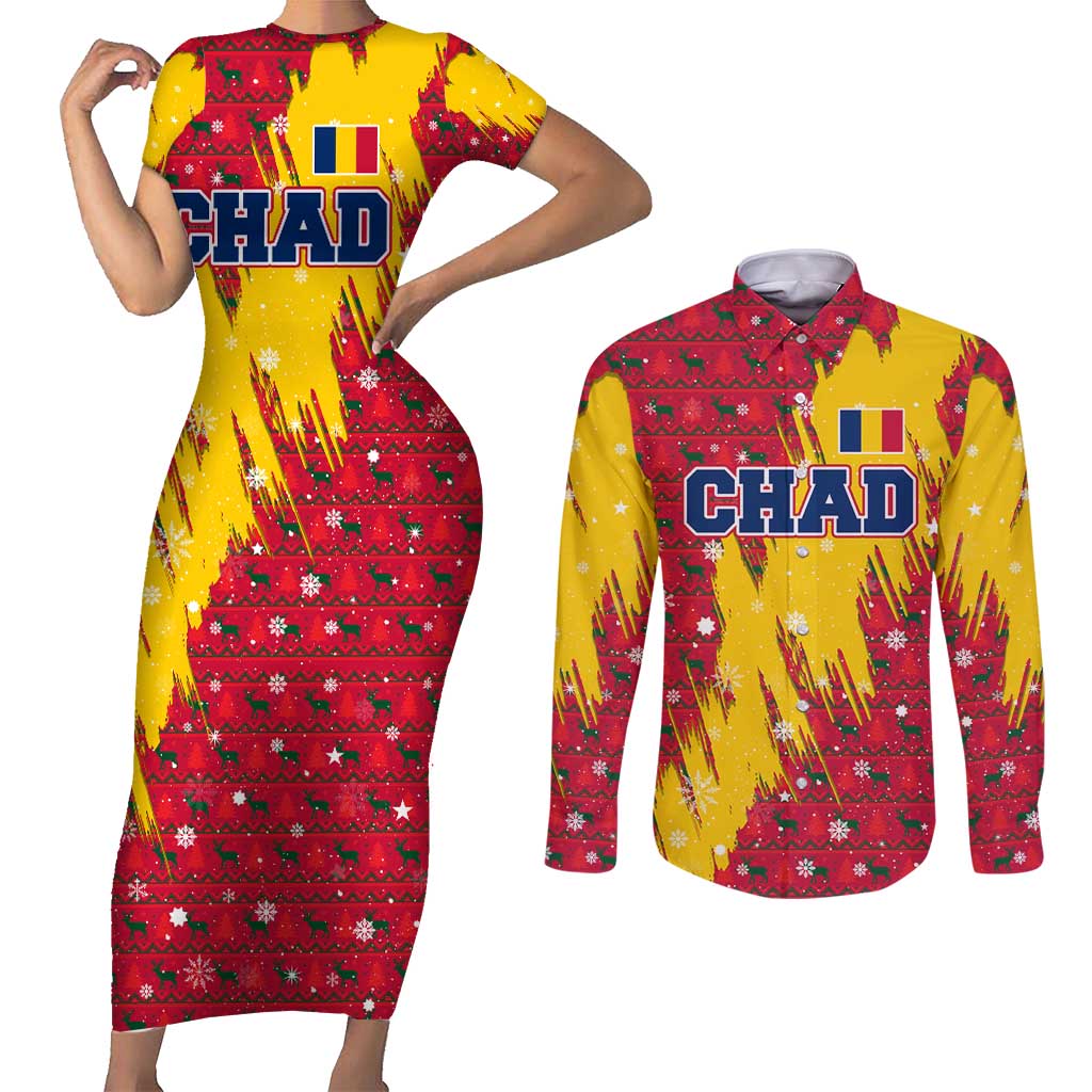Chad Christmas Couples Matching Short Sleeve Bodycon Dress and Long Sleeve Button Shirt with Red-Yellow Festive Pattern, National Coat of Arms, and Snowflake Accents - Wonder Print Shop