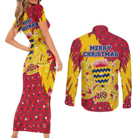 Chad Christmas Couples Matching Short Sleeve Bodycon Dress and Long Sleeve Button Shirt with Red-Yellow Festive Pattern, National Coat of Arms, and Snowflake Accents - Wonder Print Shop