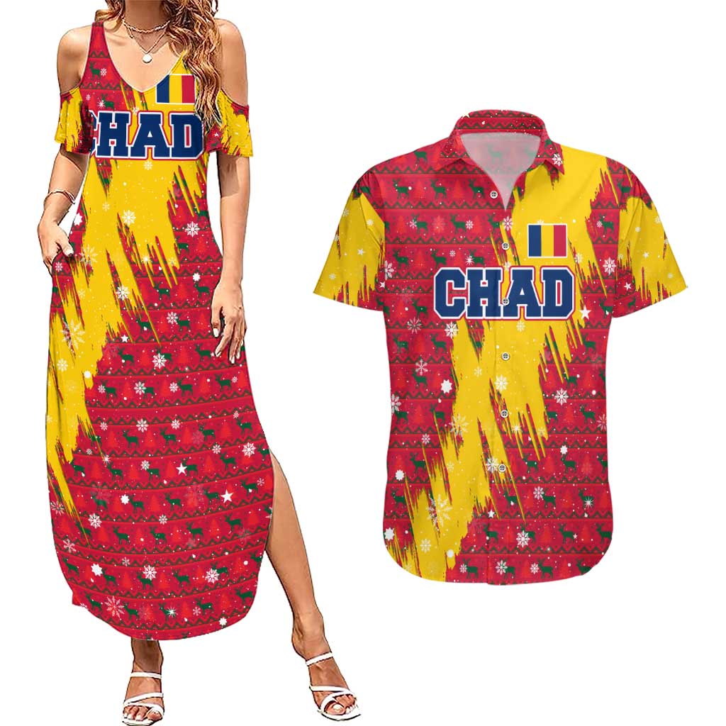 Chad Christmas Couples Matching Summer Maxi Dress and Hawaiian Shirt with Red-Yellow Festive Pattern, National Coat of Arms, and Snowflake Accents - Wonder Print Shop