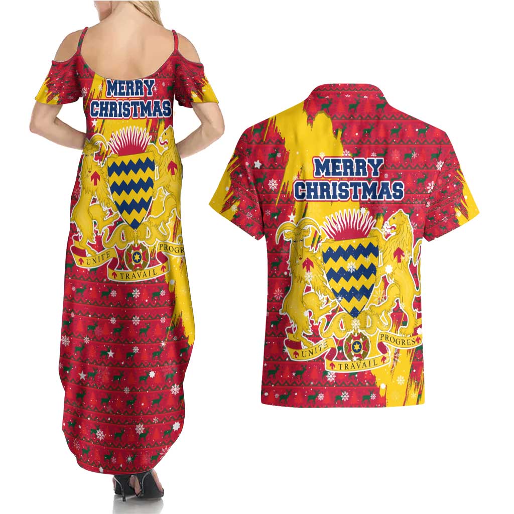 Chad Christmas Couples Matching Summer Maxi Dress and Hawaiian Shirt with Red-Yellow Festive Pattern, National Coat of Arms, and Snowflake Accents - Wonder Print Shop