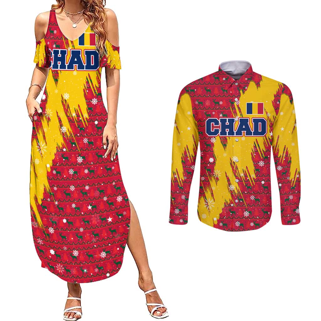 Chad Christmas Couples Matching Summer Maxi Dress and Long Sleeve Button Shirt with Red-Yellow Festive Pattern, National Coat of Arms, and Snowflake Accents - Wonder Print Shop