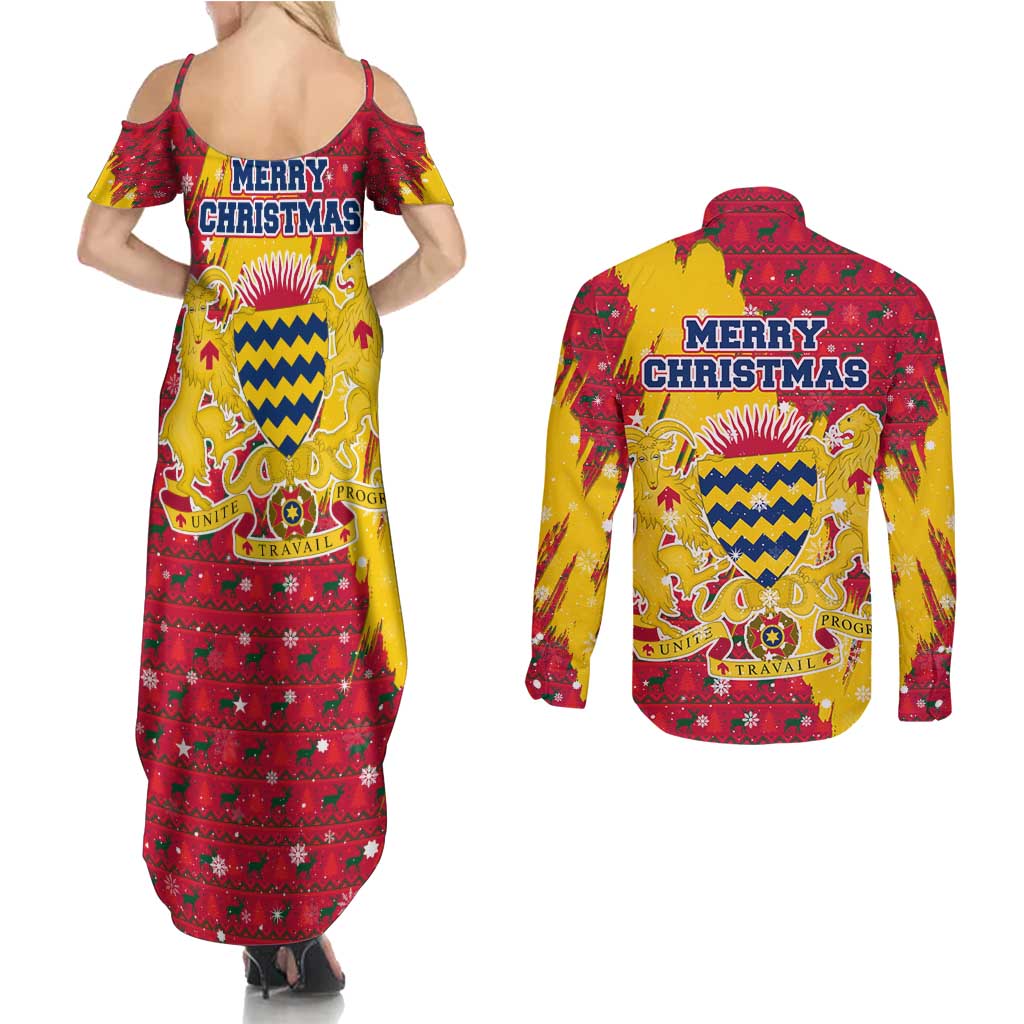 Chad Christmas Couples Matching Summer Maxi Dress and Long Sleeve Button Shirt with Red-Yellow Festive Pattern, National Coat of Arms, and Snowflake Accents - Wonder Print Shop
