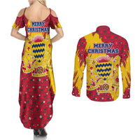 Chad Christmas Couples Matching Summer Maxi Dress and Long Sleeve Button Shirt with Red-Yellow Festive Pattern, National Coat of Arms, and Snowflake Accents - Wonder Print Shop