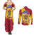 Chad Christmas Couples Matching Summer Maxi Dress and Long Sleeve Button Shirt with Red-Yellow Festive Pattern, National Coat of Arms, and Snowflake Accents - Wonder Print Shop