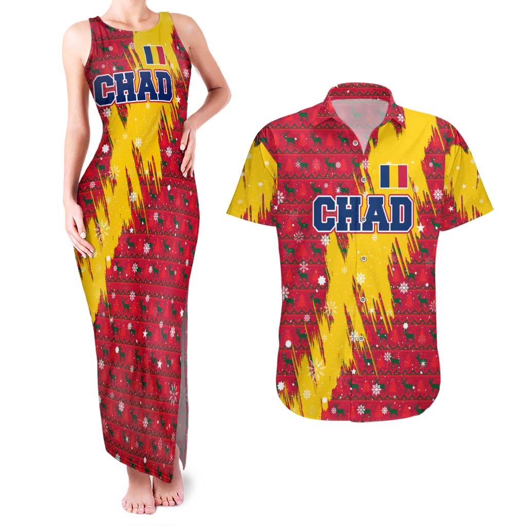 Chad Christmas Couples Matching Tank Maxi Dress and Hawaiian Shirt with Red-Yellow Festive Pattern, National Coat of Arms, and Snowflake Accents - Wonder Print Shop
