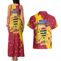 Chad Christmas Couples Matching Tank Maxi Dress and Hawaiian Shirt with Red-Yellow Festive Pattern, National Coat of Arms, and Snowflake Accents - Wonder Print Shop