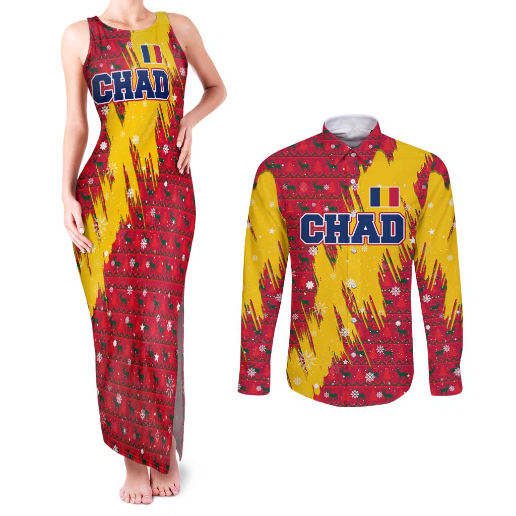 Chad Christmas Couples Matching Tank Maxi Dress and Long Sleeve Button Shirt with Red-Yellow Festive Pattern, National Coat of Arms, and Snowflake Accents - Wonder Print Shop