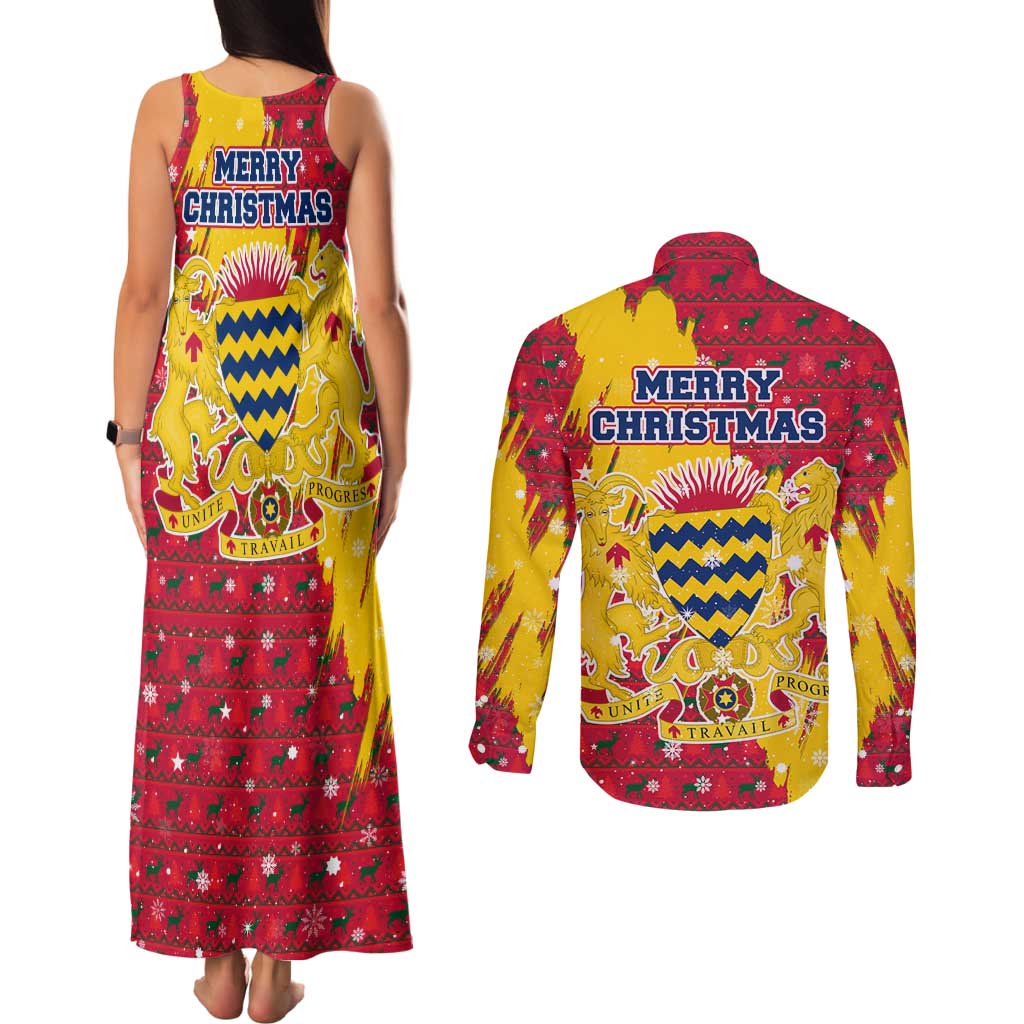Chad Christmas Couples Matching Tank Maxi Dress and Long Sleeve Button Shirt with Red-Yellow Festive Pattern, National Coat of Arms, and Snowflake Accents - Wonder Print Shop