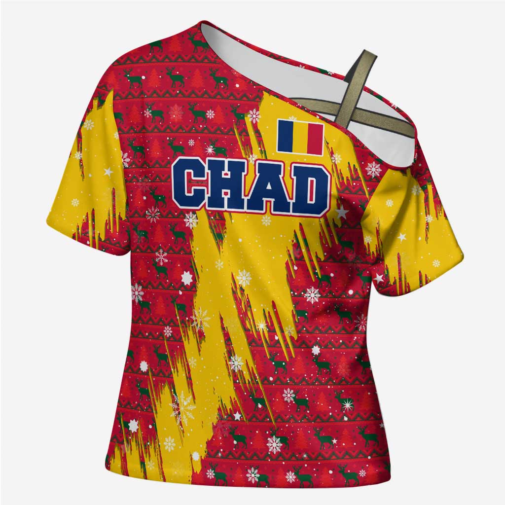 Chad Christmas Cross Shoulder Shirt with Red-Yellow Festive Pattern, National Coat of Arms, and Snowflake Accents - Wonder Print Shop