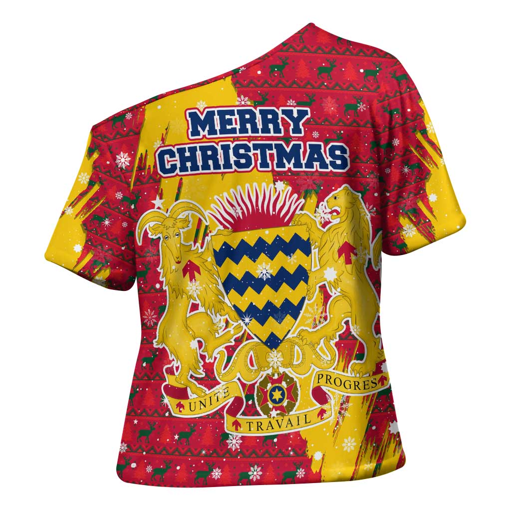 Chad Christmas Cross Shoulder Shirt with Red-Yellow Festive Pattern, National Coat of Arms, and Snowflake Accents - Wonder Print Shop