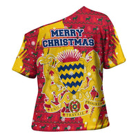 Chad Christmas Cross Shoulder Shirt with Red-Yellow Festive Pattern, National Coat of Arms, and Snowflake Accents - Wonder Print Shop