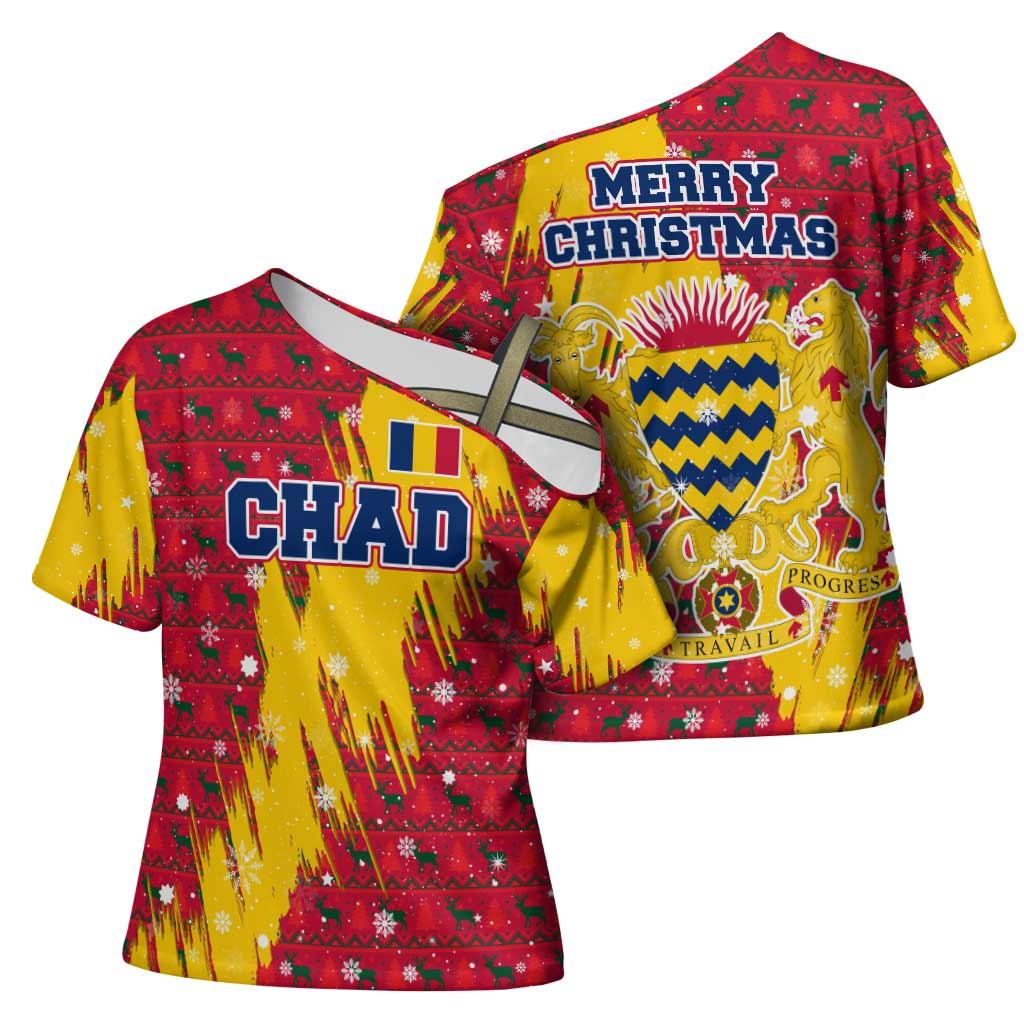 Chad Christmas Cross Shoulder Shirt with Red-Yellow Festive Pattern, National Coat of Arms, and Snowflake Accents - Wonder Print Shop