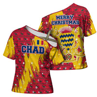 Chad Christmas Cross Shoulder Shirt with Red-Yellow Festive Pattern, National Coat of Arms, and Snowflake Accents - Wonder Print Shop