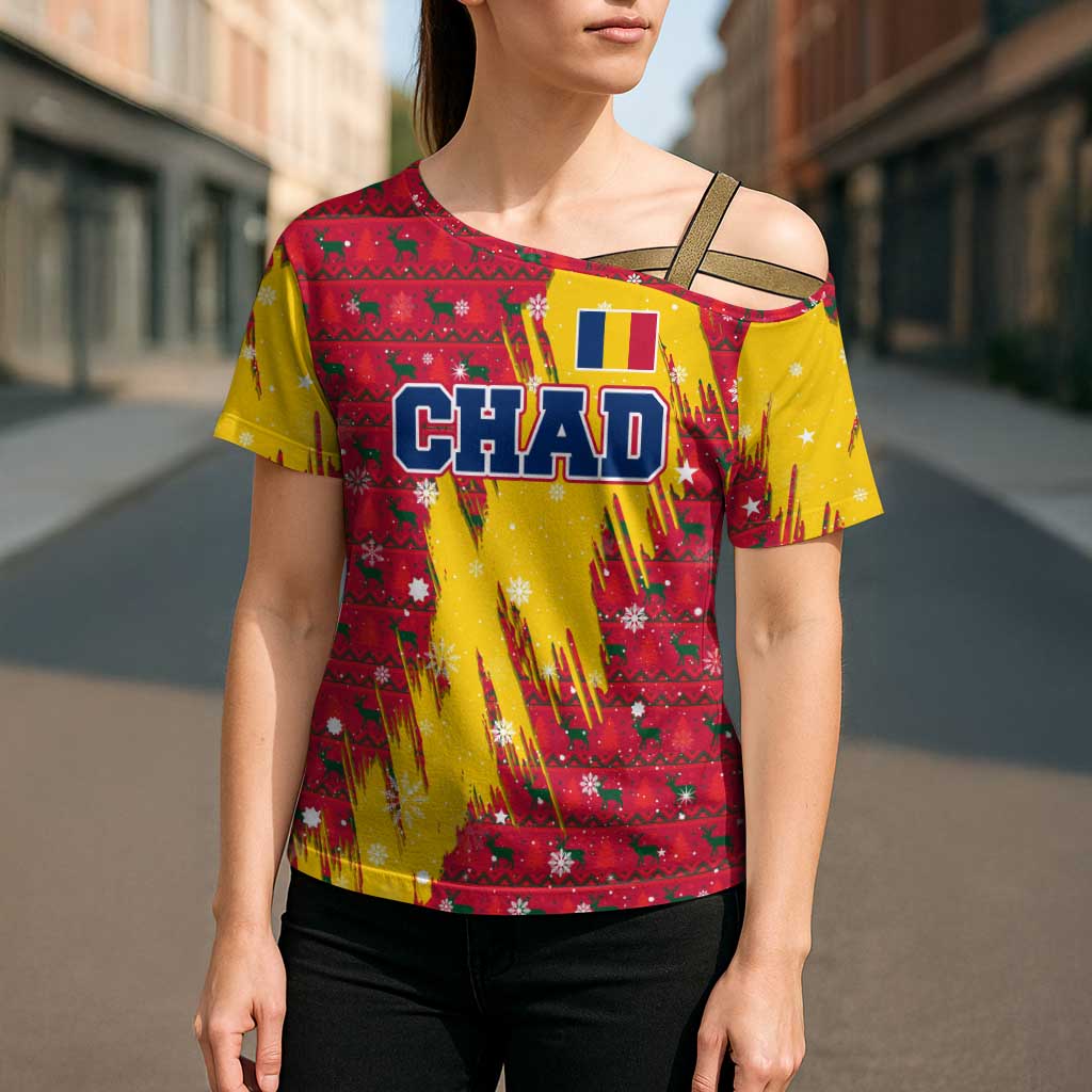 Chad Christmas Cross Shoulder Shirt with Red-Yellow Festive Pattern, National Coat of Arms, and Snowflake Accents - Wonder Print Shop