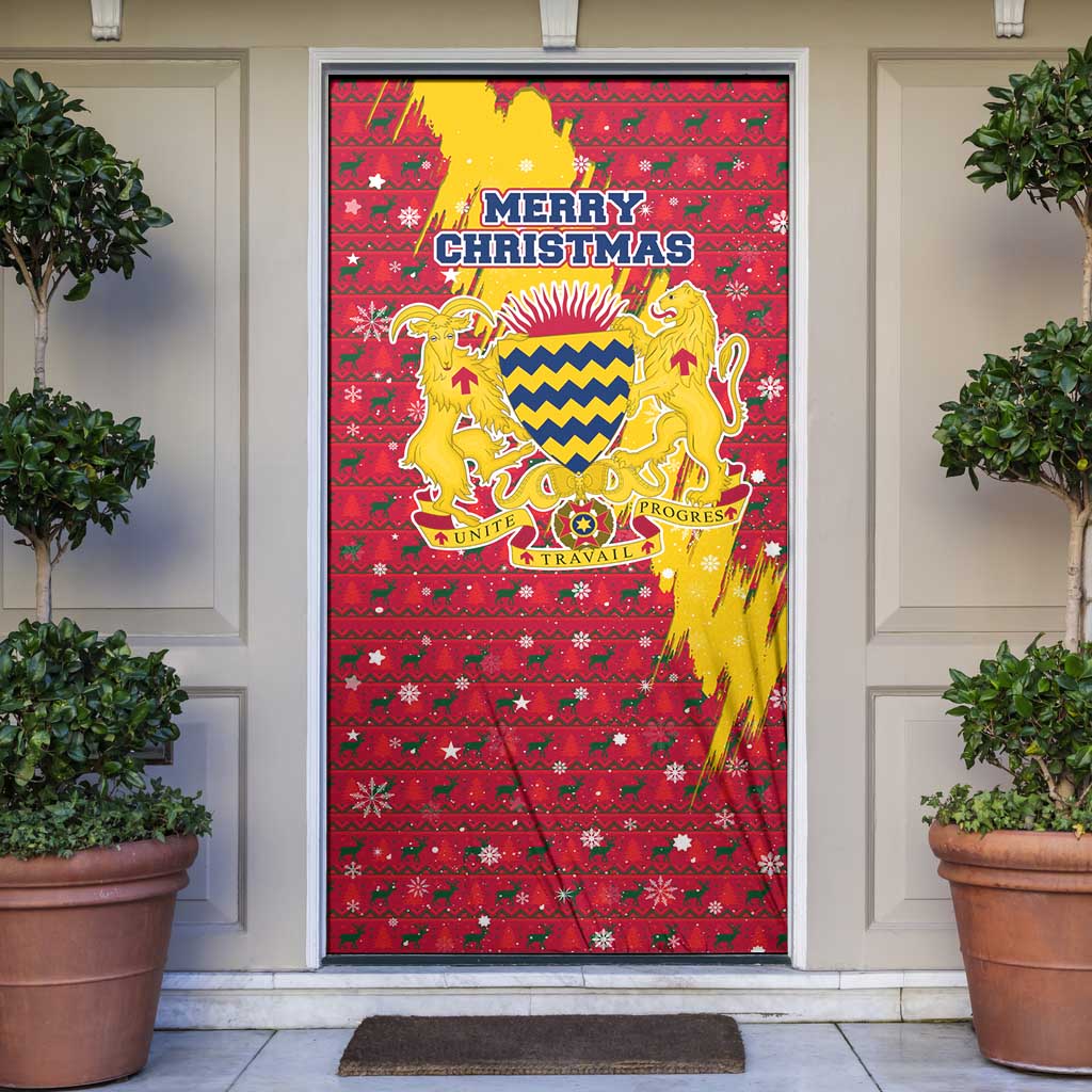 Chad Christmas Door Cover with Red-Yellow Festive Pattern, National Coat of Arms, and Snowflake Accents - Wonder Print Shop
