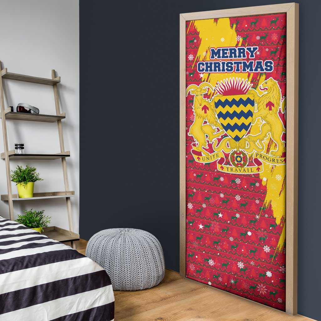 Chad Christmas Door Cover with Red-Yellow Festive Pattern, National Coat of Arms, and Snowflake Accents - Wonder Print Shop