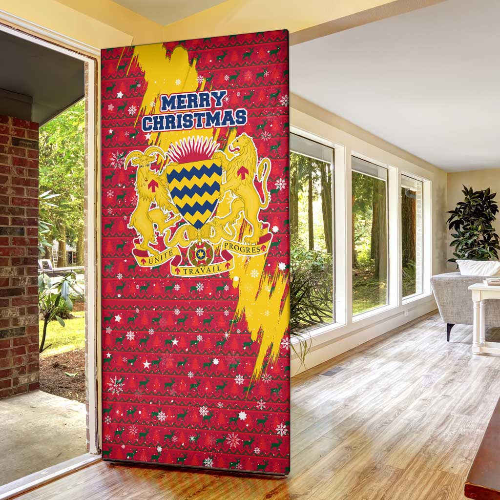 Chad Christmas Door Cover with Red-Yellow Festive Pattern, National Coat of Arms, and Snowflake Accents - Wonder Print Shop