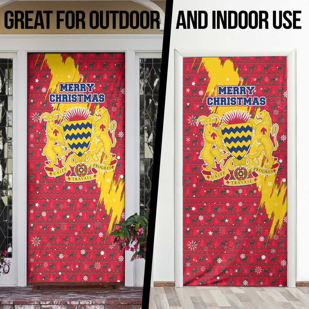 Chad Christmas Door Cover with Red-Yellow Festive Pattern, National Coat of Arms, and Snowflake Accents - Wonder Print Shop