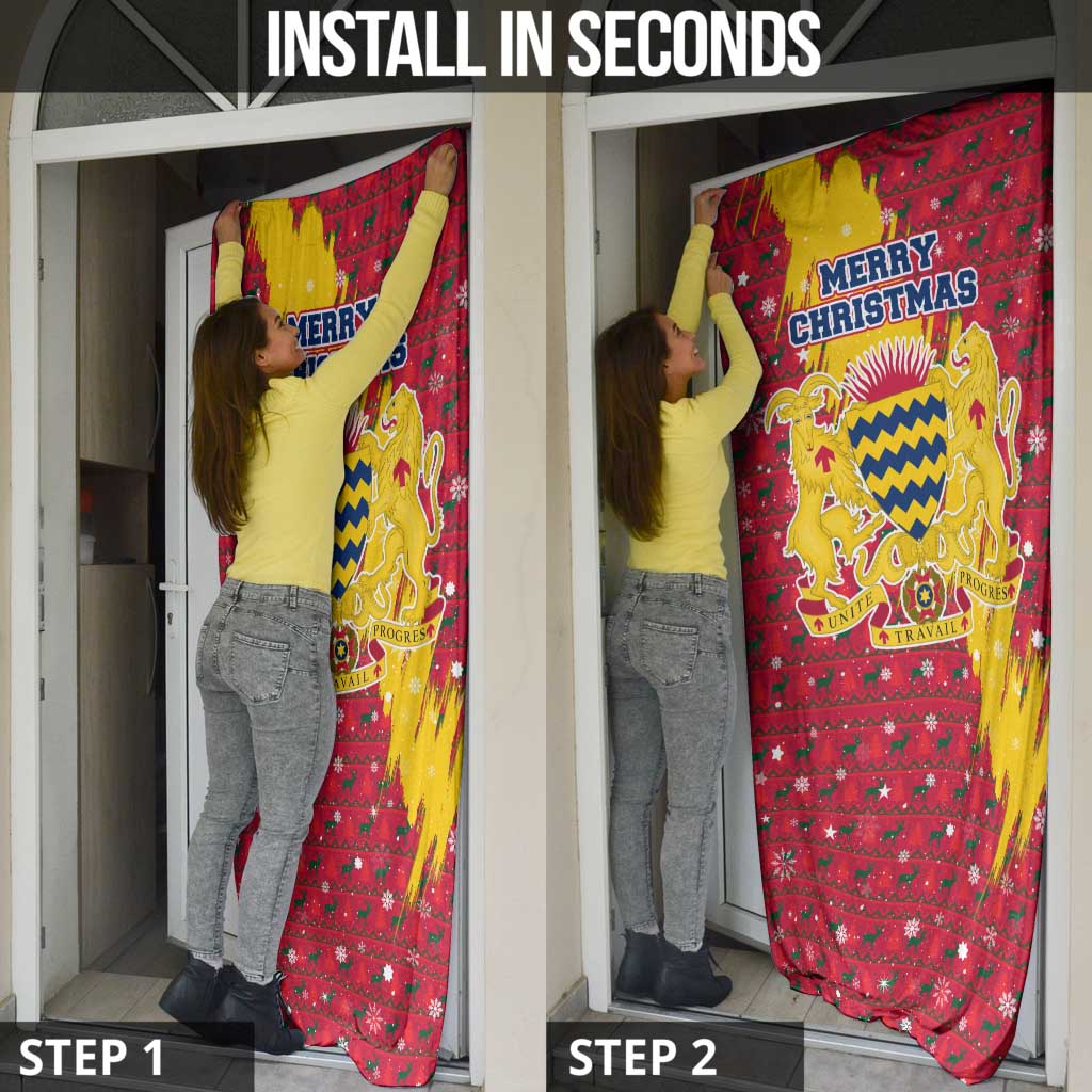 Chad Christmas Door Cover with Red-Yellow Festive Pattern, National Coat of Arms, and Snowflake Accents - Wonder Print Shop